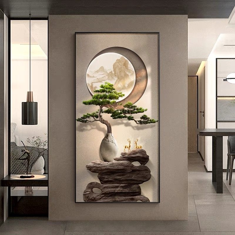 迎客松进门玄关装饰画新中式荷花玄关画侘寂风山水画走廊过道壁画
