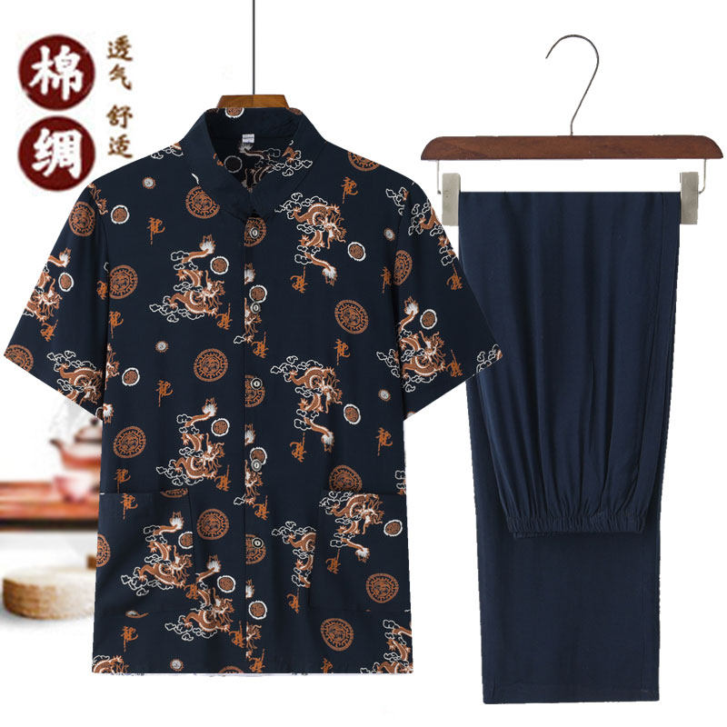 中老年夏季短袖套装男士纯棉绸休闲父亲老人衣服60衬衣80岁爷爷装