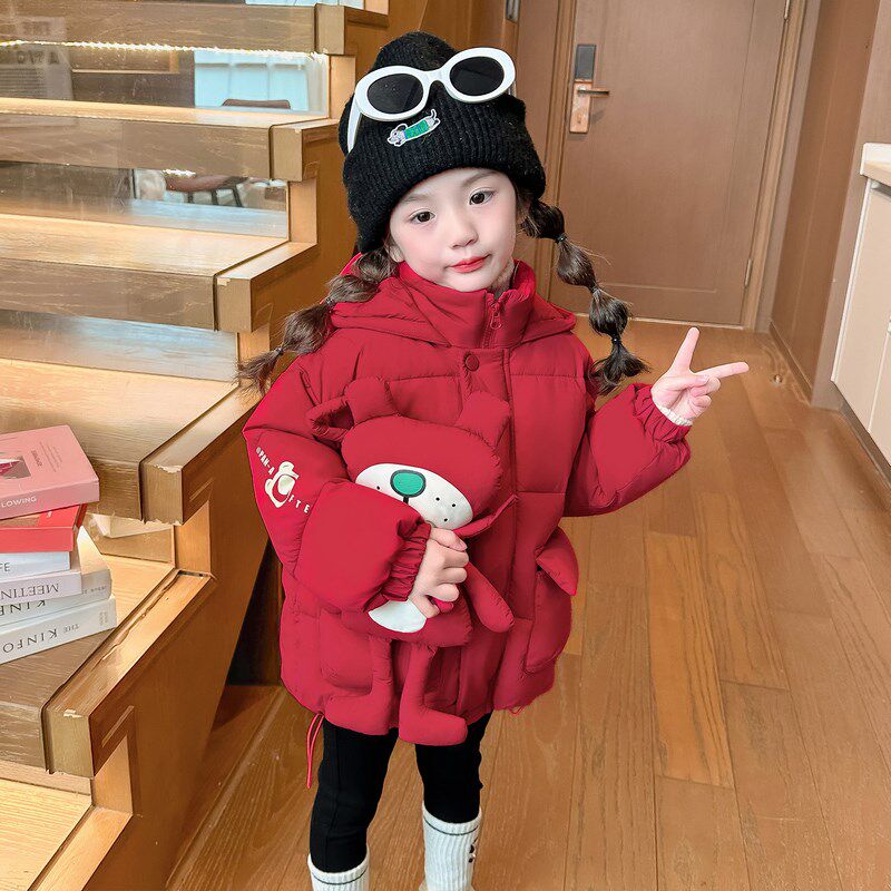 儿童卡通加厚棉衣新年2025女小童羽绒棉棉服女童洋气红色外套冬装