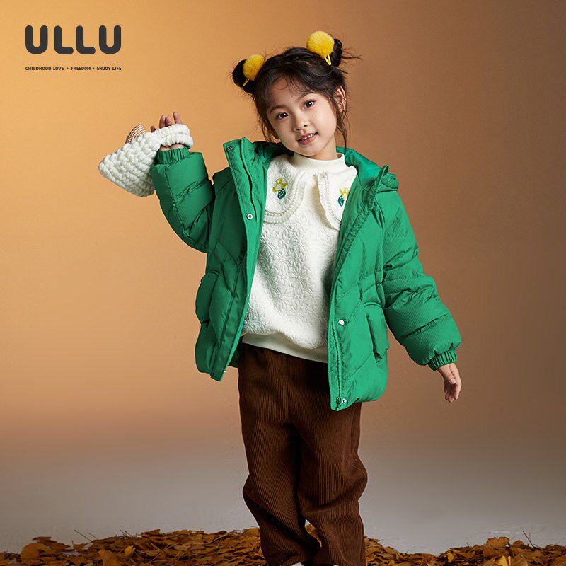 ULLU优露童装女童短款羽绒服24冬款立体肌理防风收口森林绿羽绒服