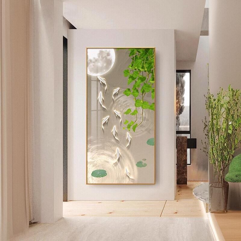 锦鲤聚福玄关装饰画高档大气竖版绿植壁画客厅走廊过道挂画九鱼图