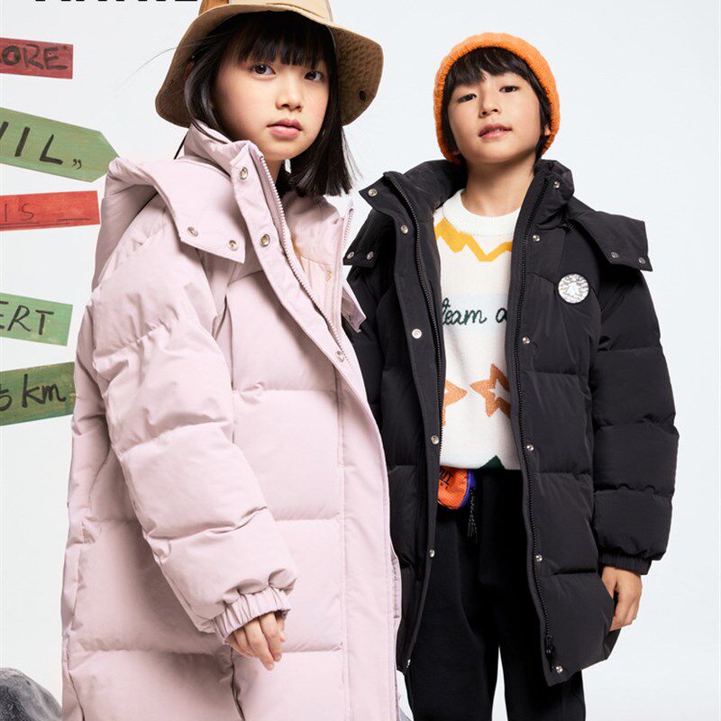 安奈儿男女童装中长款连帽羽绒服2025冬季加厚保暖外套户外防风
