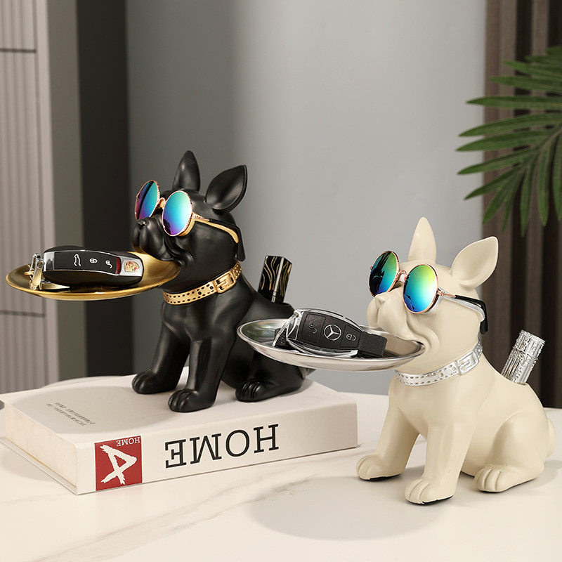 创意笔筒法斗犬玄关钥匙收纳狗摆件客厅电视柜乔迁托盘装饰品礼物
