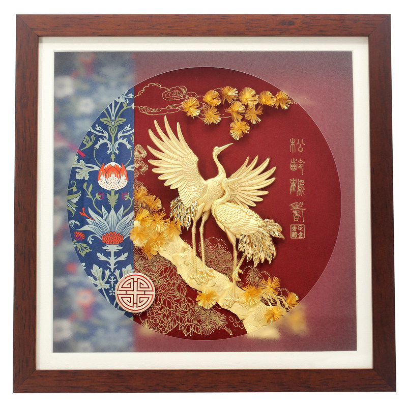 祝寿礼品松龄鹤寿金箔画80岁老人生日礼物送爷爷奶奶长辈创意摆件
