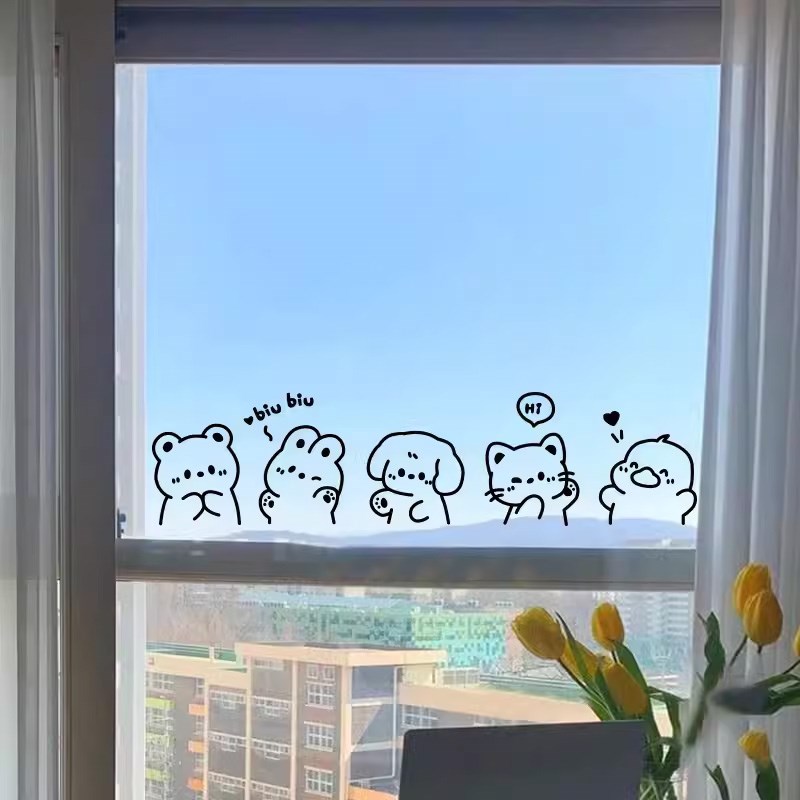 卡通可爱动物玻璃门窗户柜子抽屉垃圾桶创意装饰贴纸橱窗镜子贴画