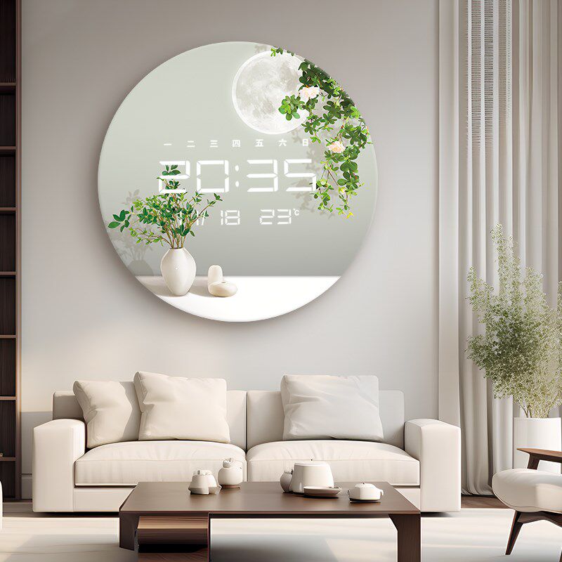 圆形绿植创意LED灯光表夜光电子玻璃时钟表墙客厅餐厅装饰画挂钟