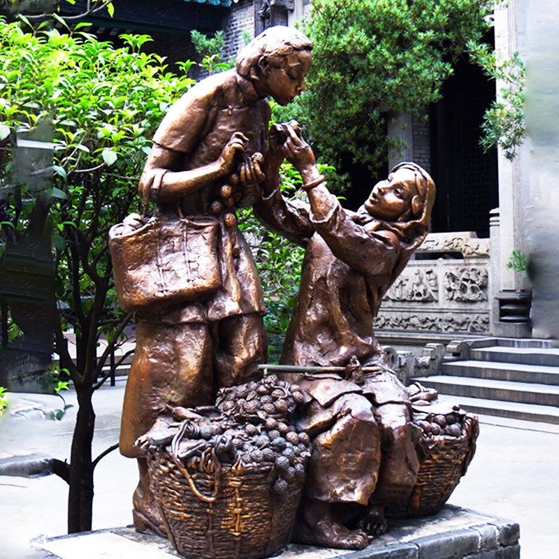 民俗民风小品定制玻璃钢卖荔枝品尝水果人物雕塑铸铜户外落地摆件