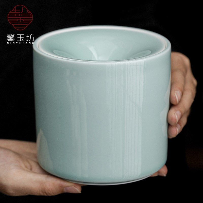 青瓷漏斗烟灰缸带盖防飞灰家用陶瓷茶渣缸茶桌废茶水桶杯洗茶洗