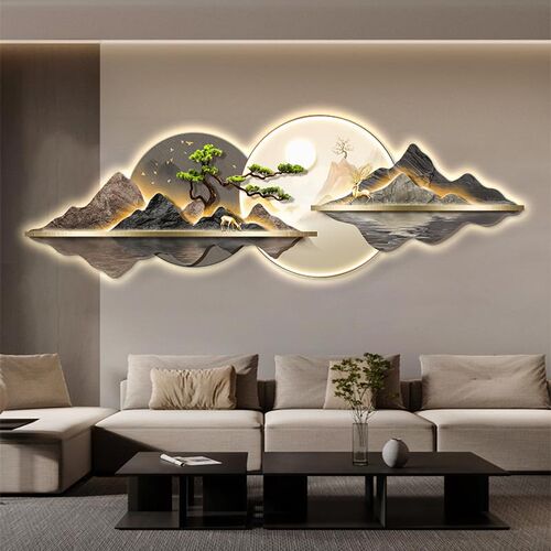 新中式客厅装饰画山水led灯画迎客松沙发背景墙挂画大气高档壁画