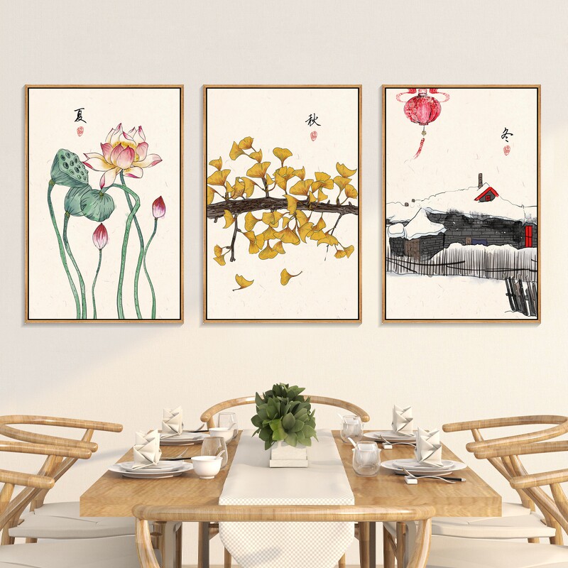 春夏秋冬客厅装饰画桃花莲花挂画禅意莲蓬壁画新中式茶室四联画竖