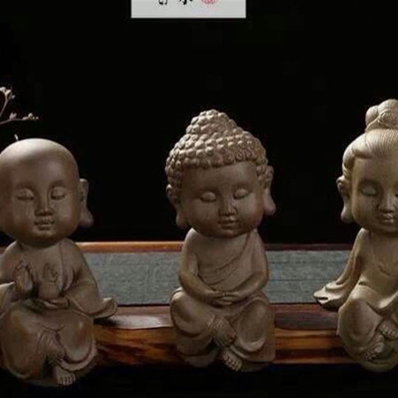紫砂西方三圣茶宠 地藏王观世音菩萨佛像全手工粗陶茶艺摆件精品