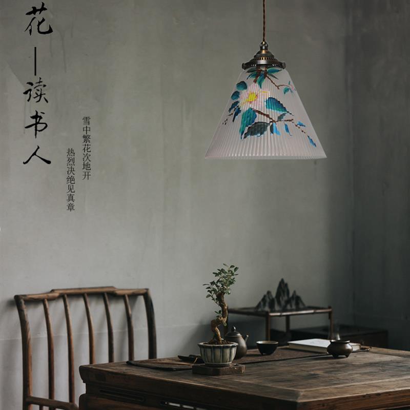 复古绿色百褶玻璃吊灯古铜古银色灯具茶室 餐厅卧室阳台 文艺灯具