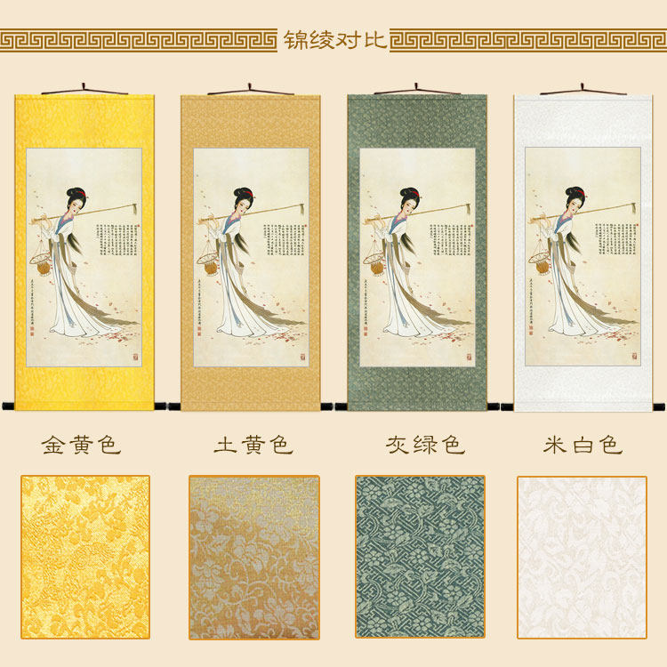 黛玉葬花图 红楼梦人物仕女画像挂画 绢布卷轴画中式复古装饰字画
