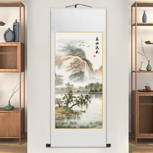 迎客松玄关画办公室字画名家山水画高山流水卷轴挂画书房茶室壁画