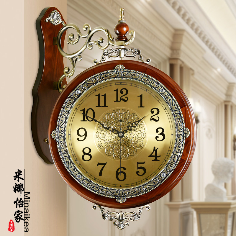 欧式客厅挂钟双面时尚实木两面艺术静音时钟钟表家用创意个性挂表