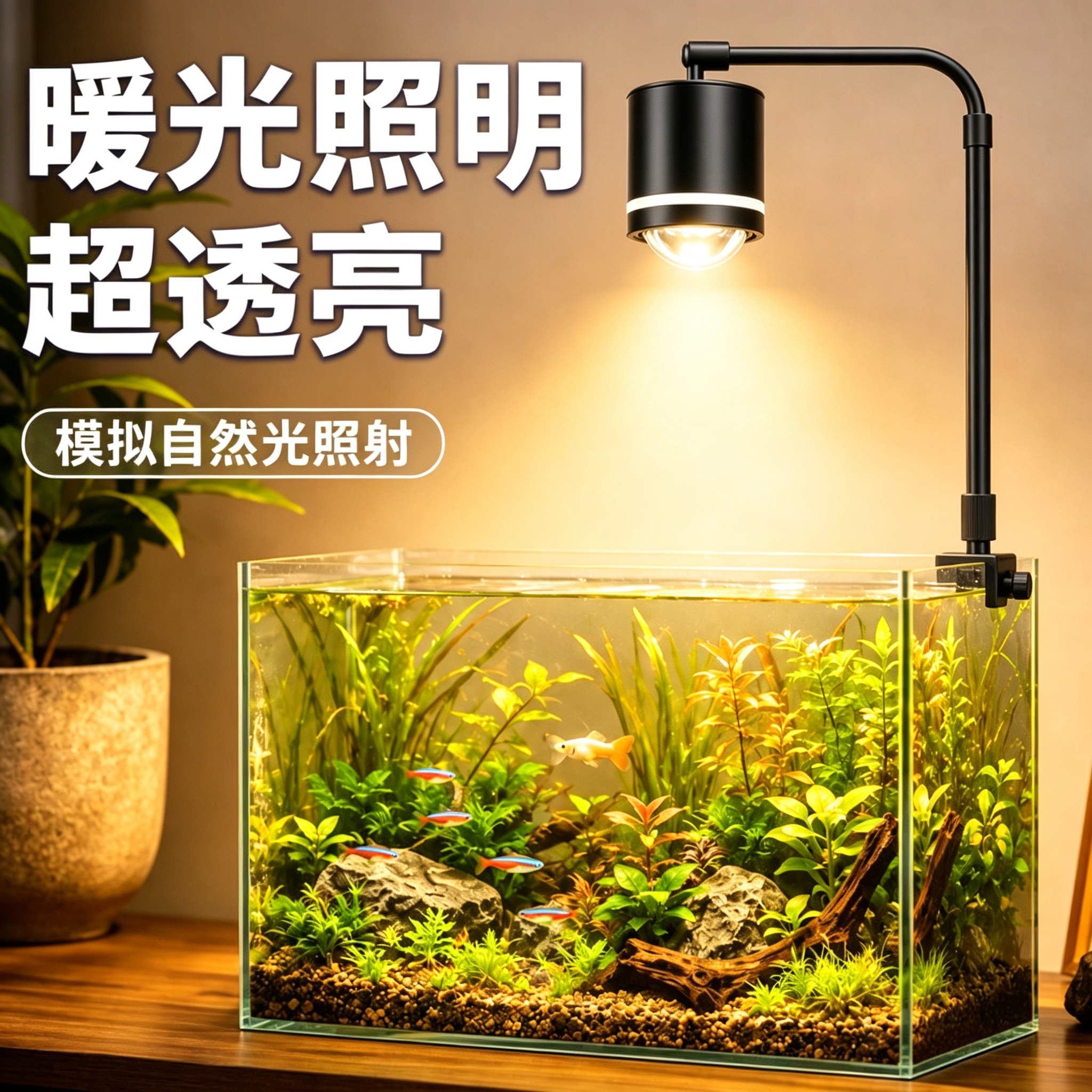 全光谱鱼缸筒灯LED 防溅水超亮草缸专用照明灯三色可调观赏增艳灯