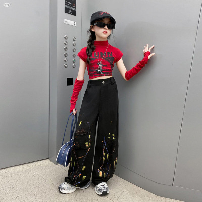 2026新款女童牛仔裤美式复古破洞阔腿裤港版涂鸦印花直筒裤春秋儿