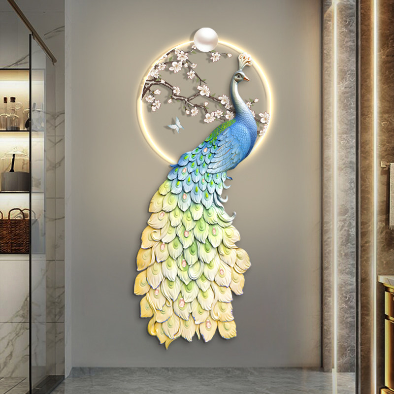 新中式孔雀玄关装饰画轻奢花鸟入门带led灯发光壁画走廊过道挂画
