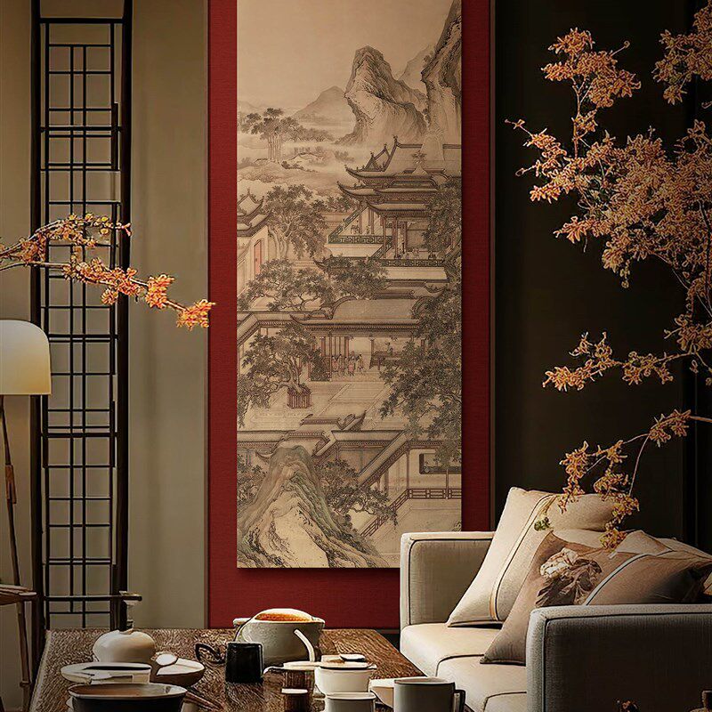 新中式客厅沙发背景墙挂画茶室竖款大幅装饰画办公室酒店风景壁画