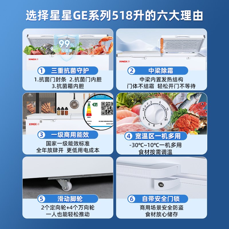 星星冰柜商用冷冻柜大容量冷藏冷冻卧式单温雪柜保鲜冷冻冰柜