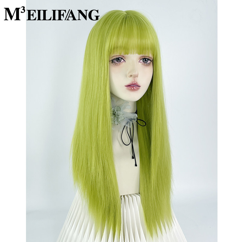绿色假发全头套女荧光绿蜥蜴绿y2k彩色长直发doll感lolita万用cos