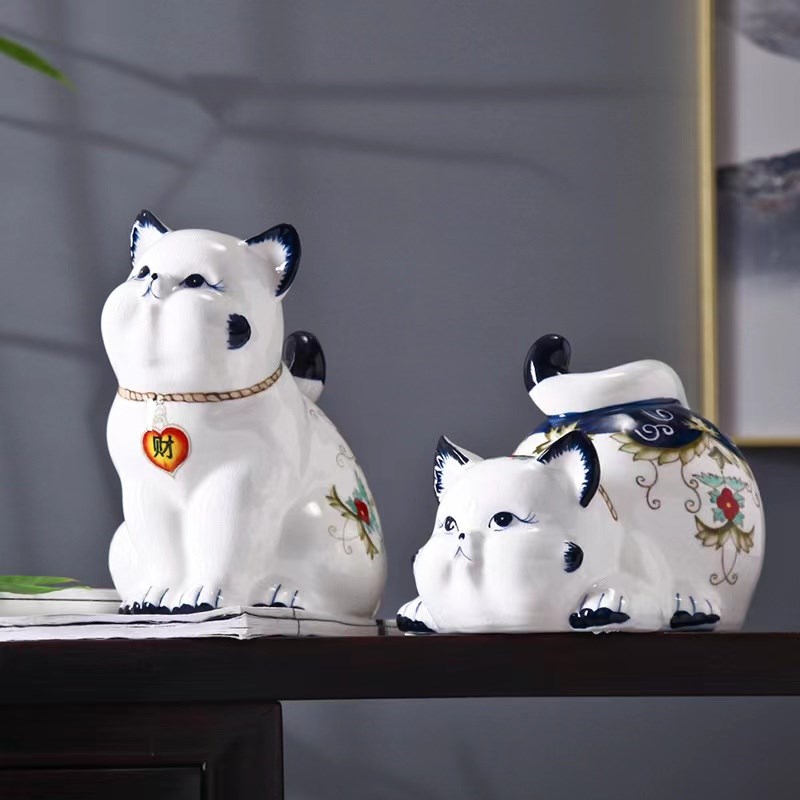 招财猫摆件创意家居客厅电视柜可爱猫咪装饰青花新中式工艺品摆设图片