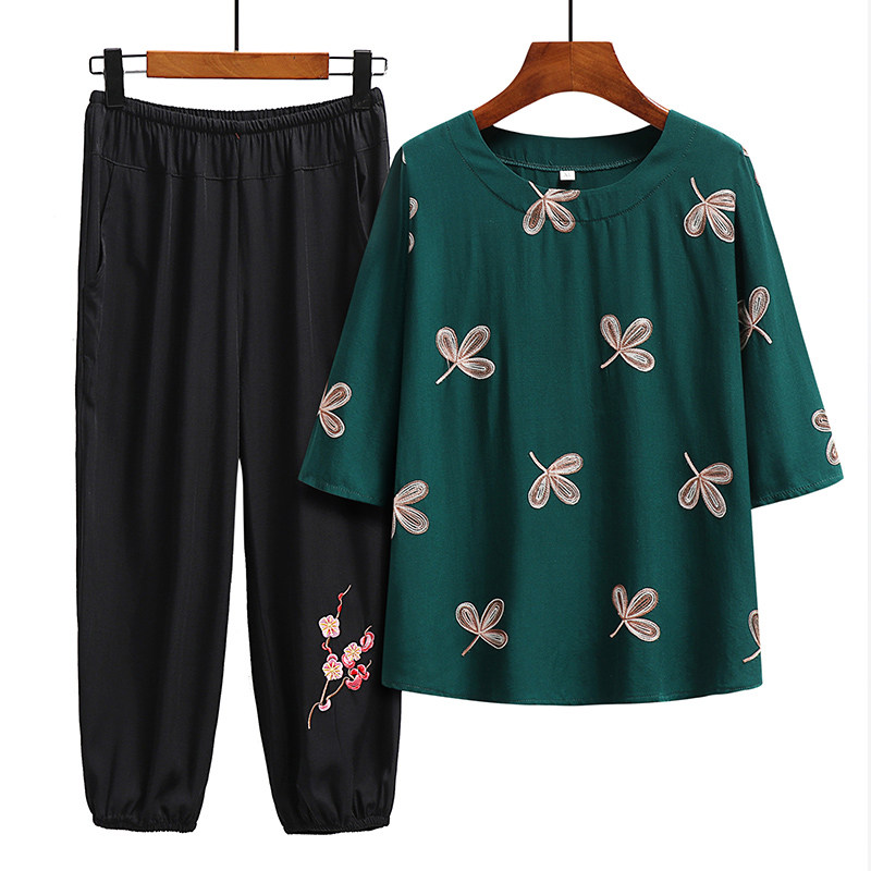 中老年女装妈妈夏装套装老年奶奶七分袖两件套老太太上衣绵绸衣服