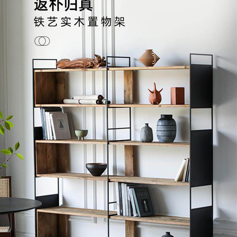 工业风客厅铁艺书柜客厅靠墙置物架柜书架落地书房柜子实木储物柜