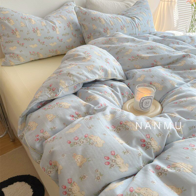 奶fufu小兔奶油蓝A类全棉双层纱四件套可爱卡通婴儿祼睡床品1.5