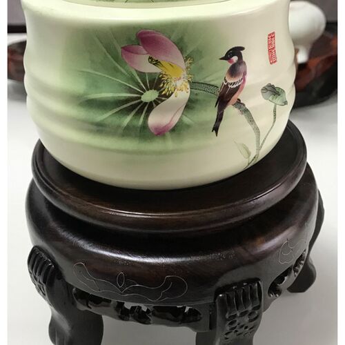 实木雕刻黑檀木高脚花瓶花盆圆形底座复古摆件酒坛鱼缸奇石头花几
