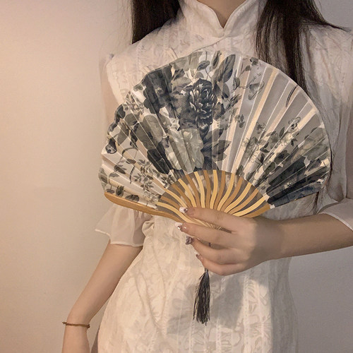 清冷感 水墨画古风折扇配旗袍扇子中式夏天便携流苏穗子竹扇汉服
