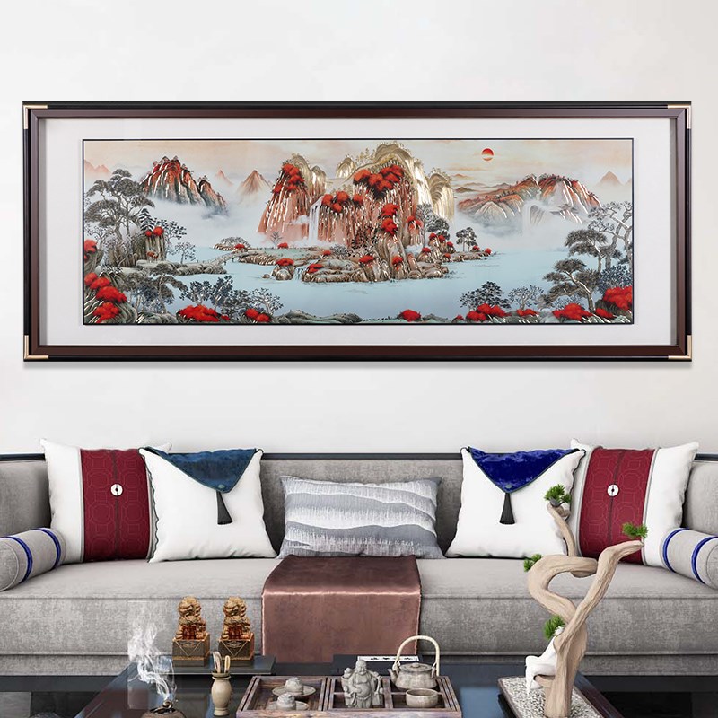 新款背靠金山手工铜板铜雕客厅茶室山水画靠山图聚宝盆沙发背景墙
