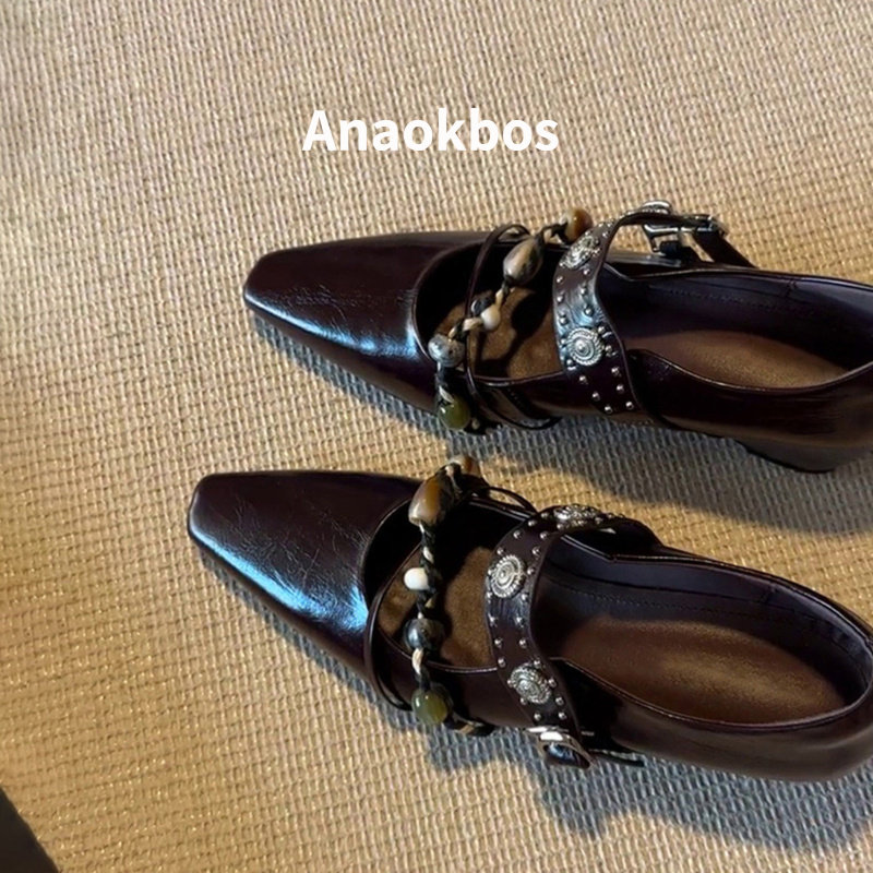Anaokbos/岸畔复古风铆钉方头内增高玛丽珍鞋女浅口一字带单鞋