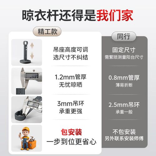 包安装晾衣架f阳台家用固定式晾衣杆墙上打孔铝合金顶装挂衣杆吊
