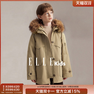 ELLEkids童装男童中长绗棉派克棉服冬季新款巴恩风仿毛领保暖外套