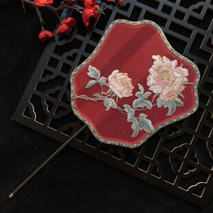 绣花团扇古风儿童夏半透长t柄流苏舞蹈扇女古装汉服旗袍刺绣异形