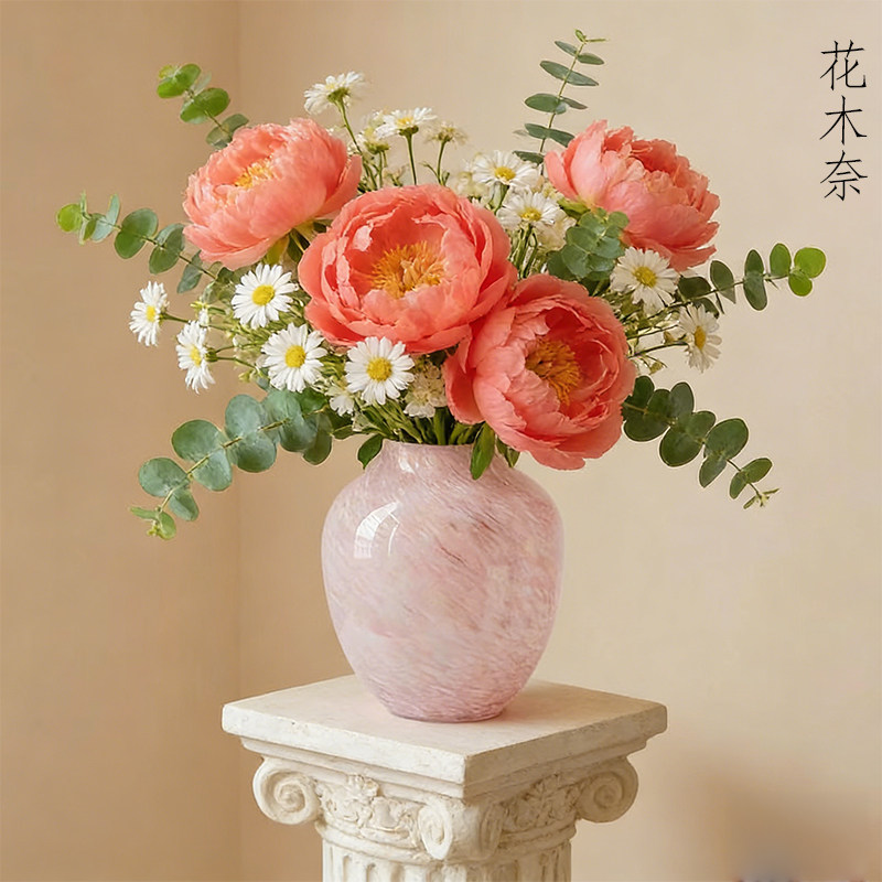 浅蓝云雾纹理玻璃花瓶简约小清新艺术插花花器客厅餐桌设计感摆件