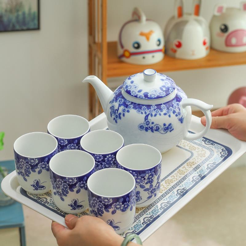 青花瓷器酒店招待泡茶具陶瓷茶壶杯子办公家用小套装茶托盘中简约