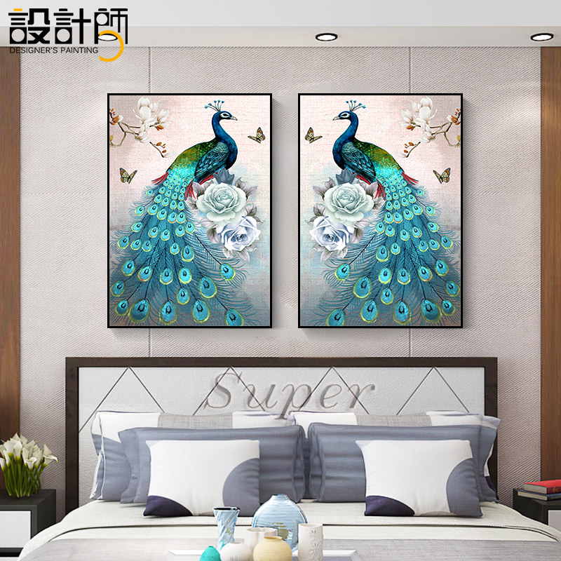 卧室装饰画主卧孔雀画床头挂画欧式房间墙画美式客厅背景墙上壁画