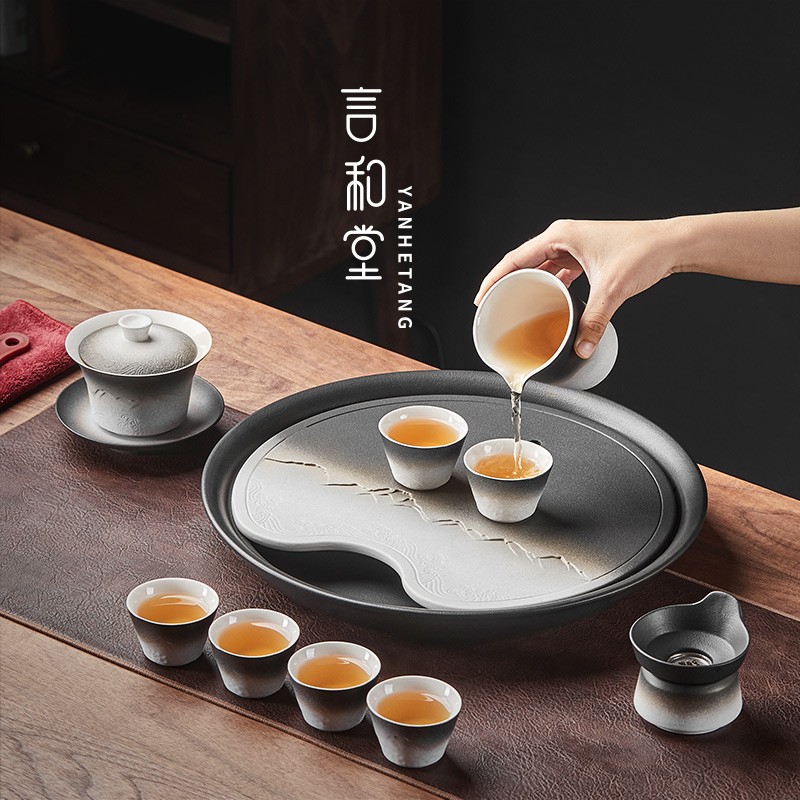 功夫茶具套装家用客厅陶瓷盖碗茶杯茶盘轻奢泡茶小型简约办公会客