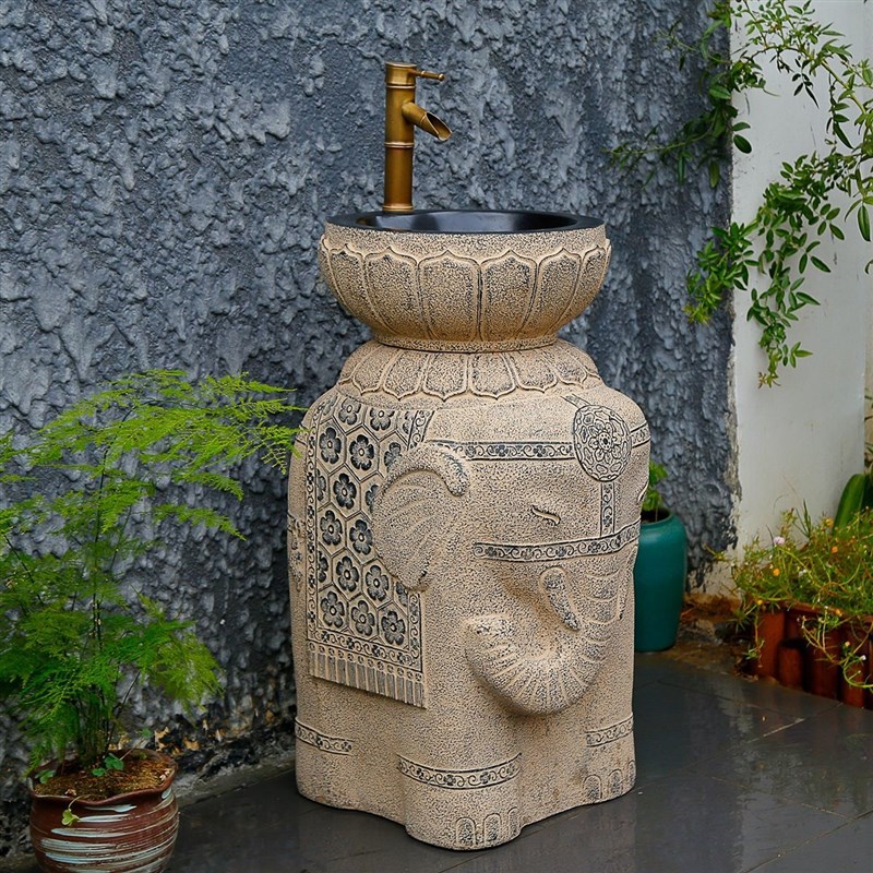 复古立柱盆洗手台盆落地立式洗脸盆户外阳台花园面盆室外庭院水池