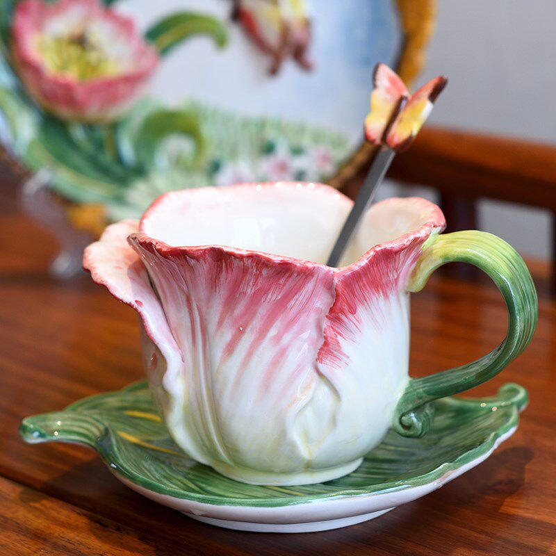 方亚陶瓷郁金香咖啡杯盘组下午闺蜜泡花茶杯送新婚礼品