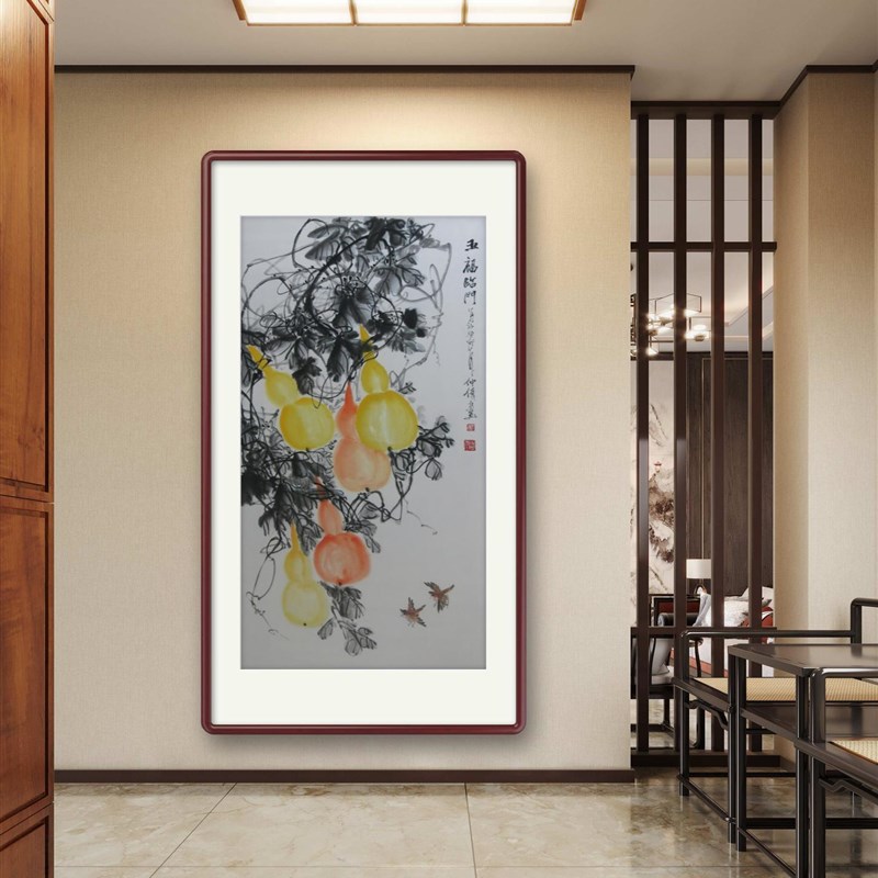葫芦装饰画手绘国画五福临门卷轴挂画新中式玄关走廊花鸟画水墨画