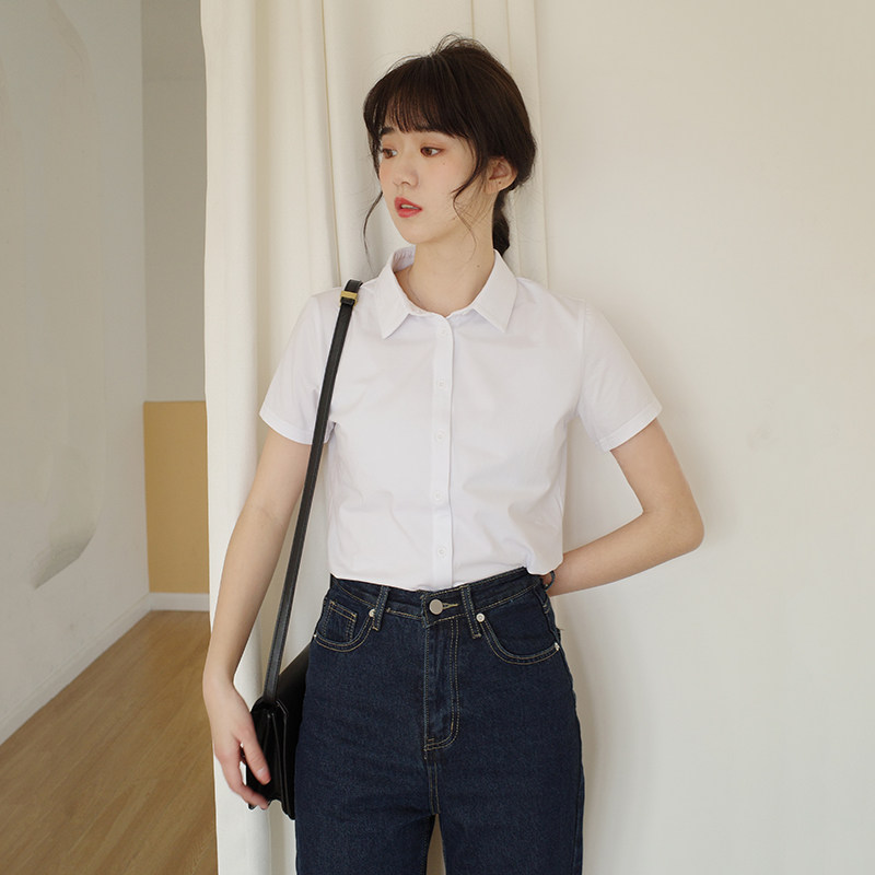 弹力针织棉短袖职业OL白色衬衫女夏季工装休闲百搭方领舒爽衬衣