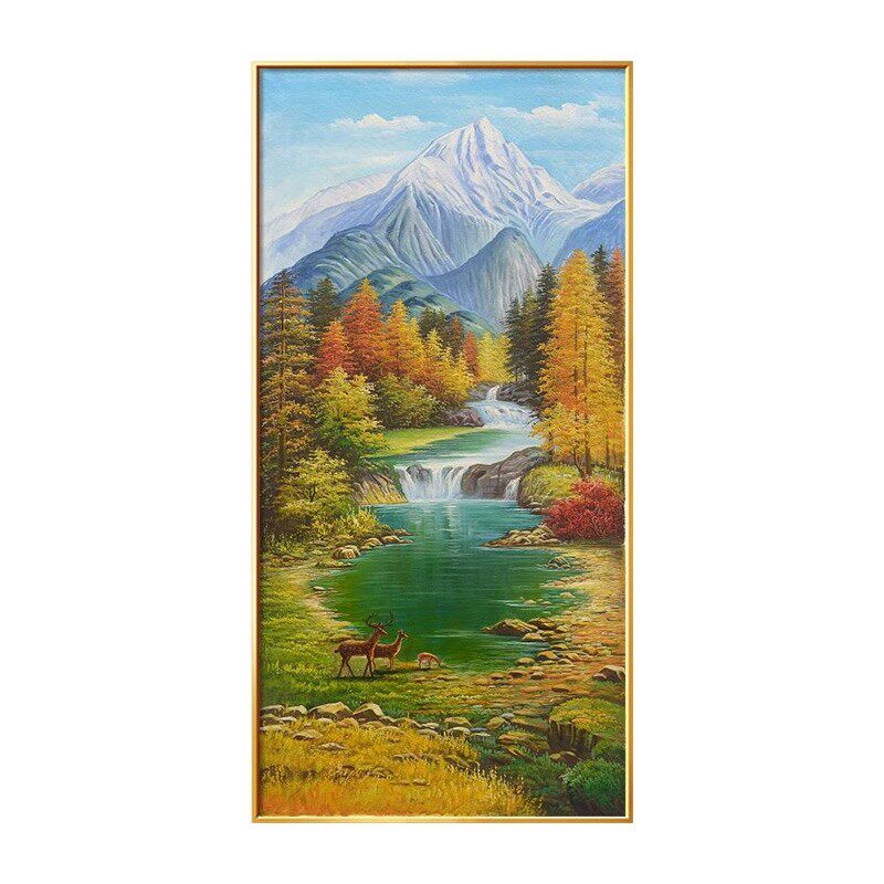 聚宝盆装饰画入户玄关画寓意好走廊尽头挂画竖版壁画山水风景油画