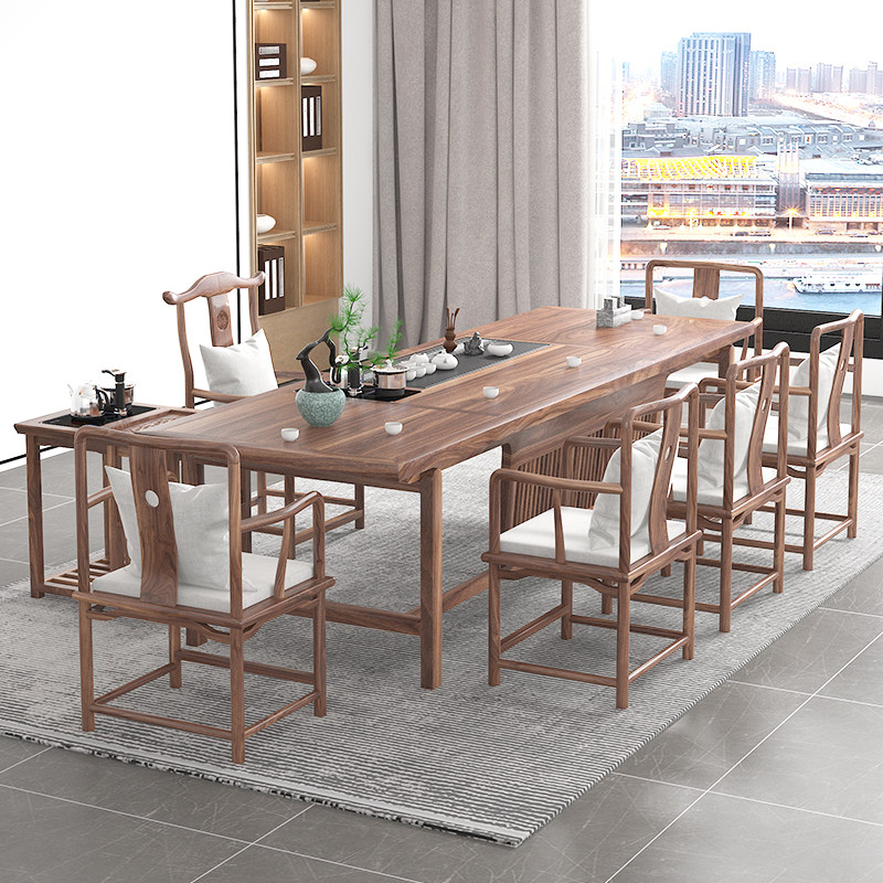 新中式原木黑胡桃木轻奢型大板禅意泡茶桌复古收纳茶台办公室茶几