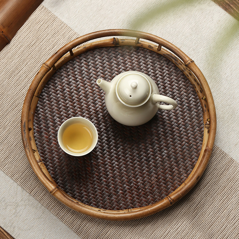 竹编茶道茶盘杯架托盘圆形竹制干泡台功夫茶具日式小茶桌收纳席面