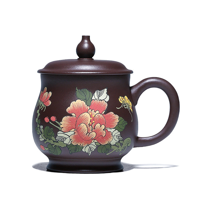 御壶茗香宜兴名家彩绘原矿紫砂杯茶具纯全手工茶杯办公杯带盖茶杯
