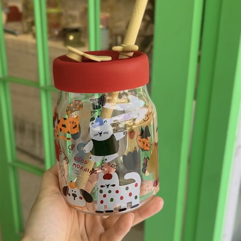 悦檬食器 女孩爱画鸦高硼硅玻璃带盖吸管杯可爱创意水杯暖手送礼