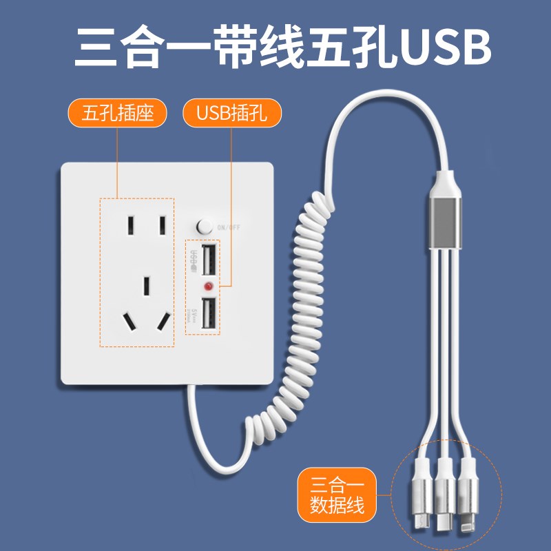 酒店宾馆墙壁ktv插座五孔双USB带数据线开关手机多功能充电器面板图片